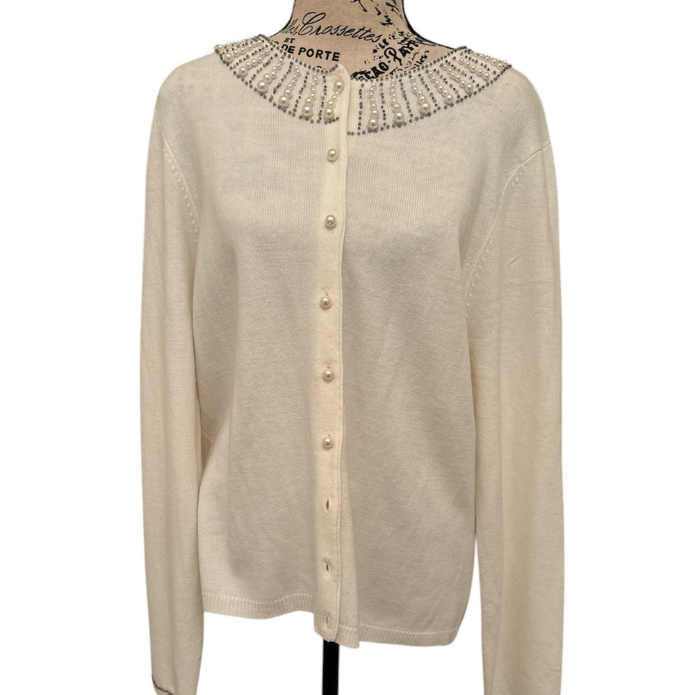 Josephine Chaus women's white button down sweater w/beaded neckline